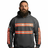 Grey Reflective Hooded Sweatshirt with Hi Vis Orange Strips, ANSI Class 2 (NO LOGO) (Gen2)